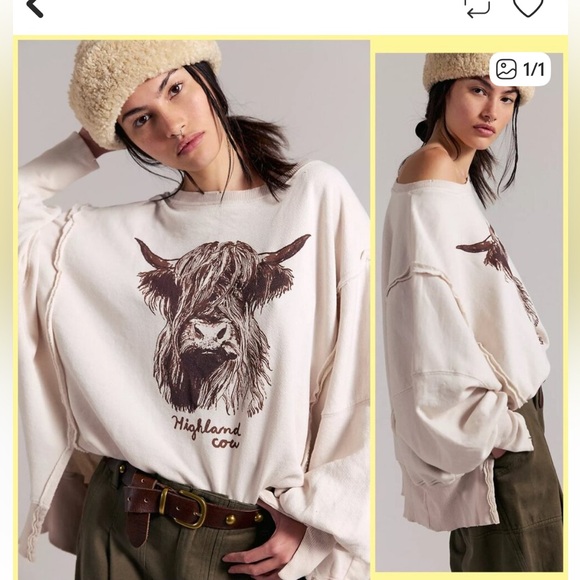 Free People Tops - Free People "Highland Cow" Graphic Camden Pullover Size Small